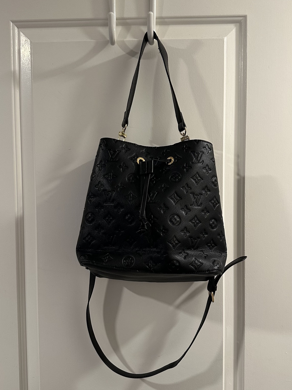 Black Leather Embossed Bucket Bag in Black with Gold Tone